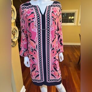 Crown & Ivy Pink and Black Resort Dress with Bishop Sleeves